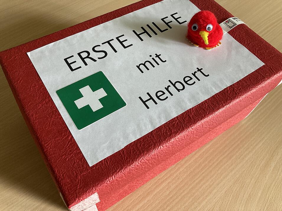 Ein Brettspiel mit dem Namen "Erste Hilfe mit Herbert" sowie ein kleiner roter Plüschpinguin