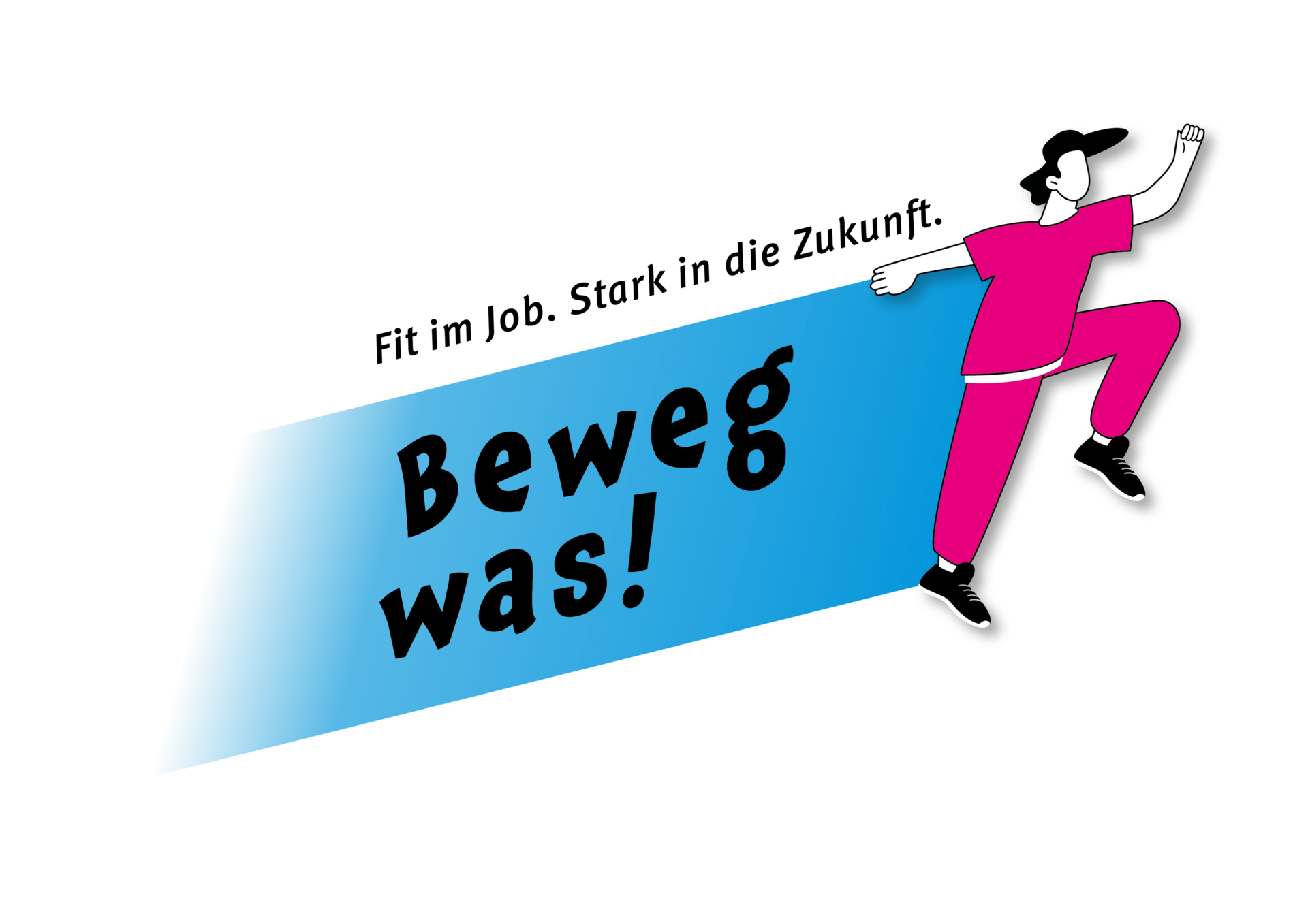 Programmlogo Beweg was mit laufendem Magenta-Männchen, das einen blauen Streifen mit dem Motto hinter sich herzieht.