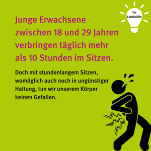 Für Lehrkräfte: Junge Erwachsene zwischen 18 und 29 Jahren verbringen täglich mehr als 10 Stunden im Sitzen. Doch mit stundenlangem Sitzen, womöglich auch noch in ungünstiger Haltung, tun wir unserem Körper keinen Gefallen. Bild Person die sich schmerzend an den Rücken greift