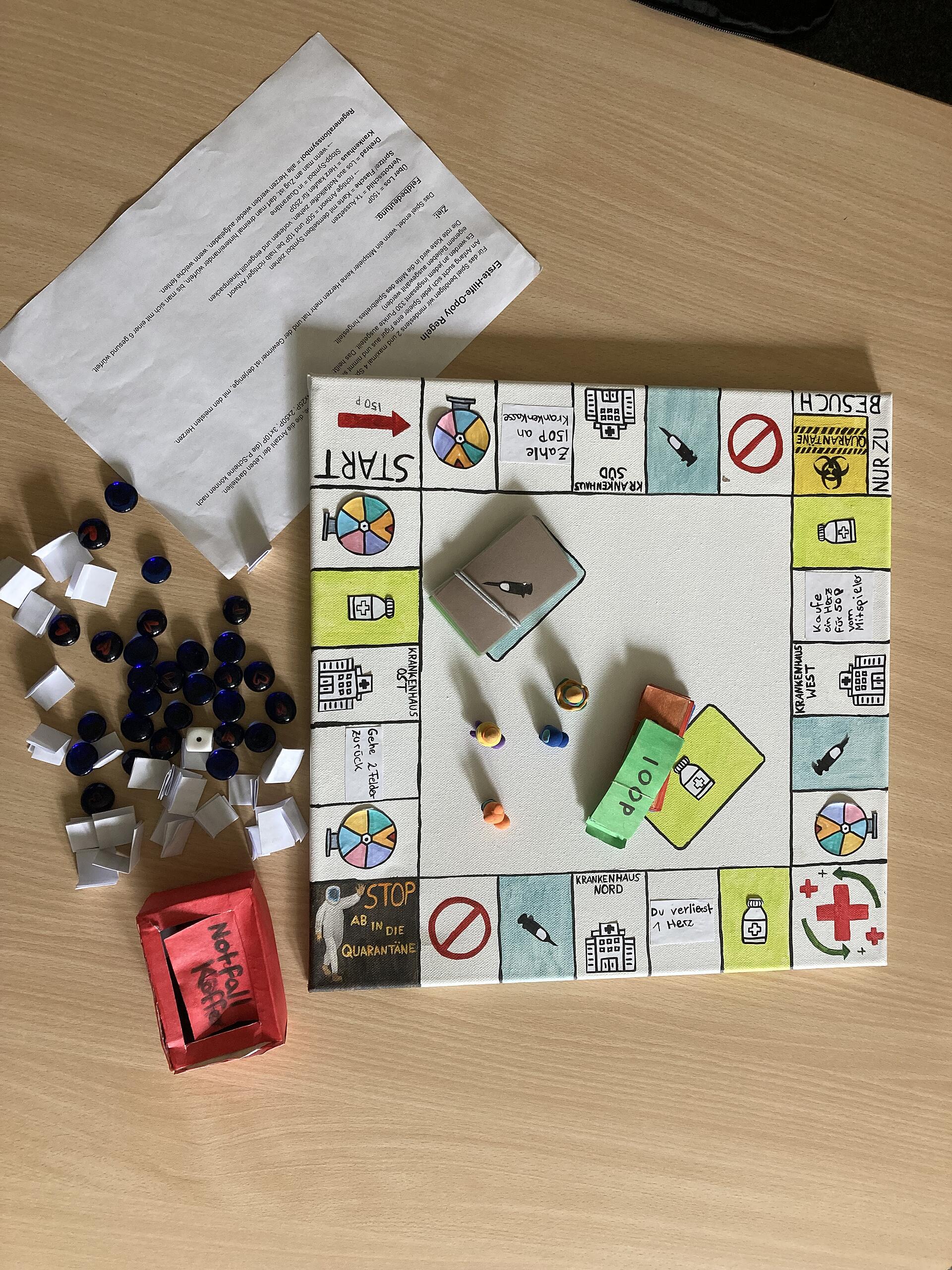 Ein selbstgebasteltes Monopoly-Spielbrett mit Spielfiguren, Aktionskarten einem Erste-Hilfe-Koffer und einer Spielanleitung