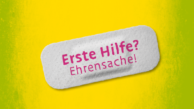 Logo des Jahresthemas Erste Hilfe? Ehrensache! Pflaster auf grün-gelbem Hintergrund