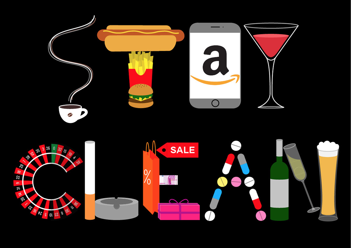 Auf schwarzem Hintergrund sind die Buchstaben "Stay Clean" aus unterschiedlichen Produkten geformt. Das S ist aus einer Kaffetasse mit Dampf geformt. Das T aus einem Hotdog mit Pommes und einem Burger, das A aus dem amazon-Logo und das Y aus einem Martini-Glas. Das C wurde aus einem Roulette geformt, das L aus einer Zigarette mit Aschenbecher, das E aus Geld und Taschen, das A aus Pillen und Medikamenten und das N aus Alkoholflaschen.