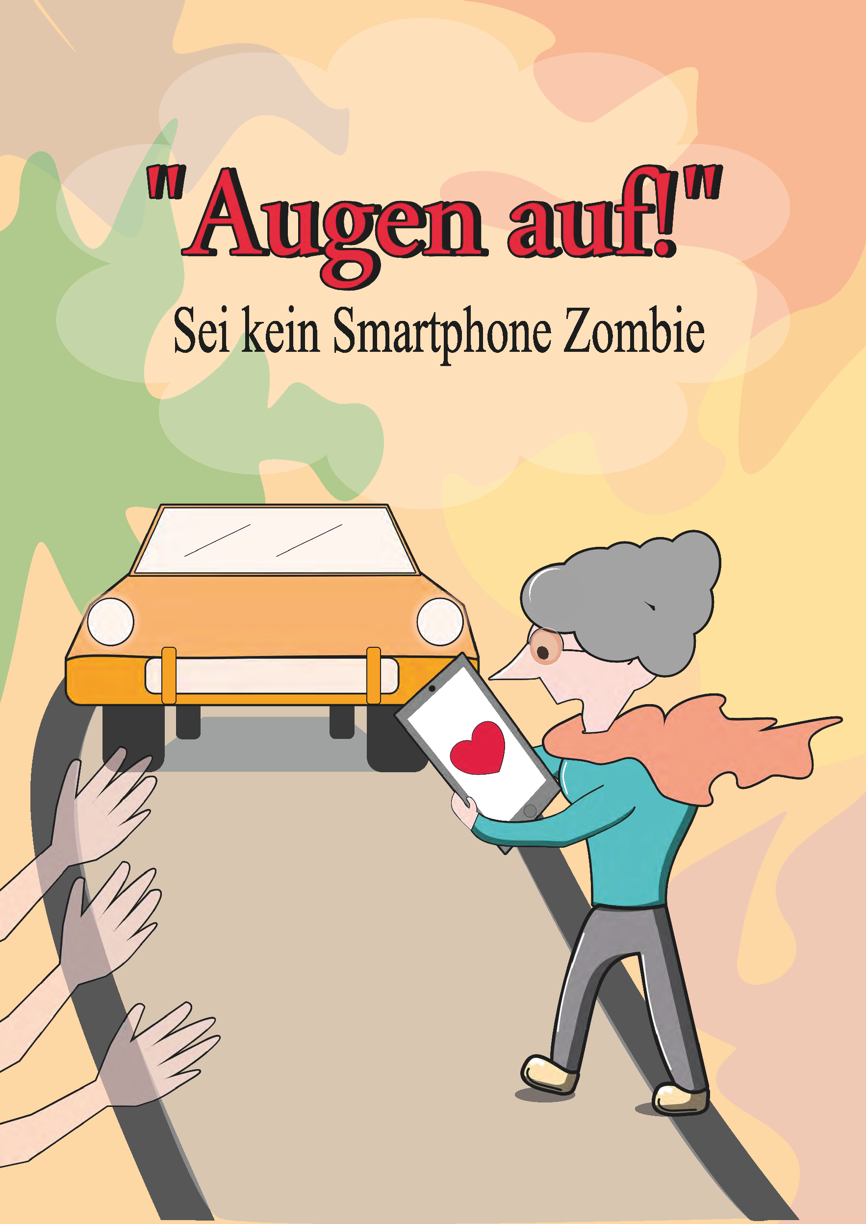 Auf dem Bild ist eine Straße zu erkennen, auf der gerade ein Auto angefahren kommt. Kurz vor dem Auto scheint eine Frau in ihr Handy vertieft zu sein und nicht aufzublicken. Mehrere Hände sind zu sehen, die sie offensichtlich warnen will. Die Überschrift des Bildes lautet: "Augen auf! - Sei kein Smartphone Zombie".