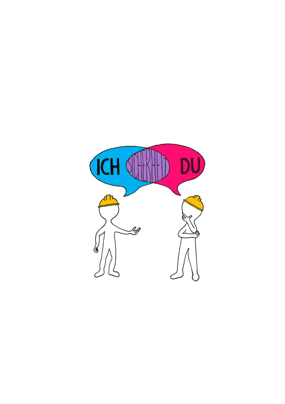Das Bild zeigt zwei Bauarbeiter, die miteinander reden. Beide Sprechblasen überschneiden sich und stellen im Bereich der Überschneidung das Wort Sicherheit dar. Die linke Sprechblase zeigt das Wort "Ich" und die rechte Sprechblase das Wort "Du".