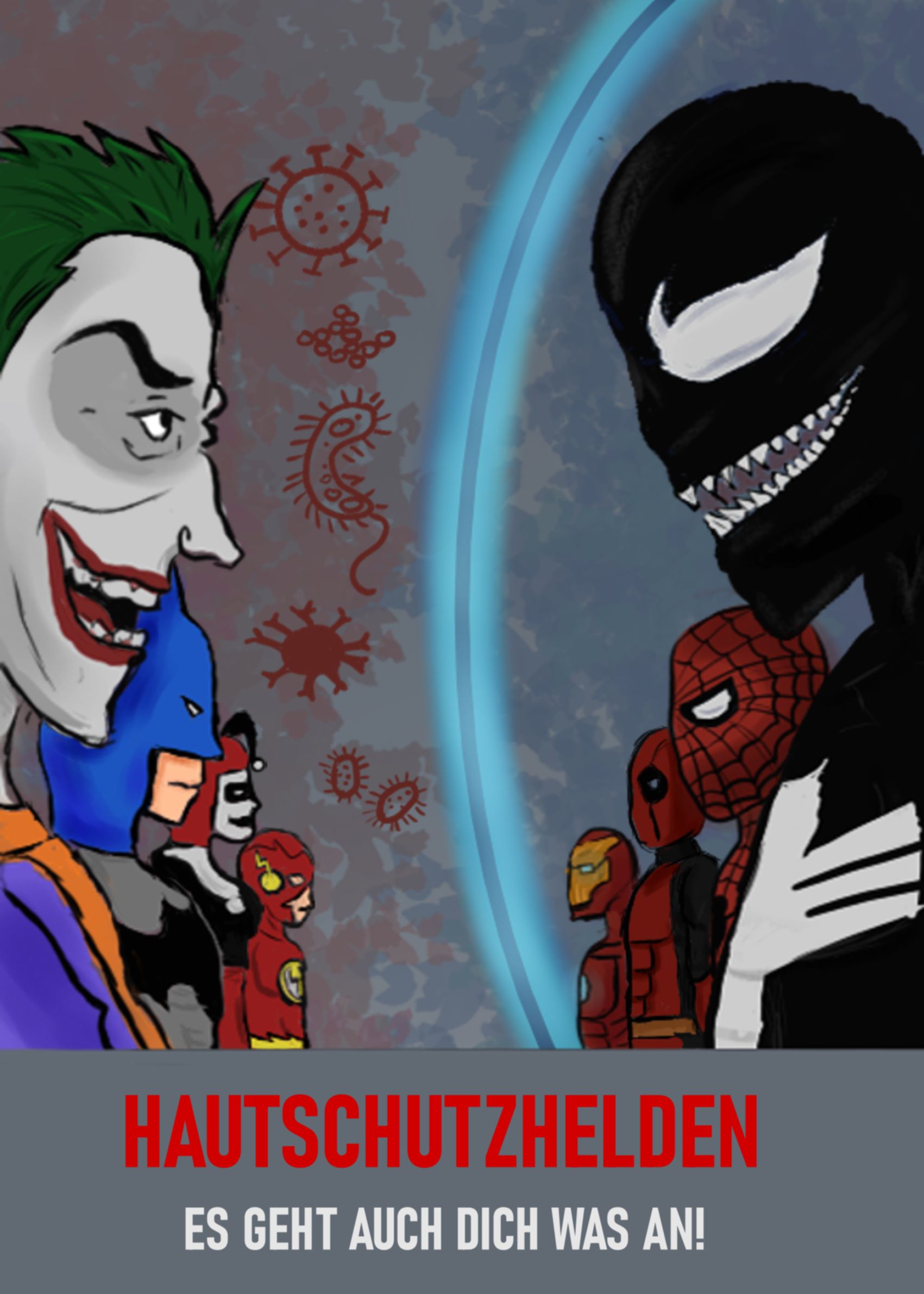 Gezeichnete Marvelfiguren mit Joker und Venom im Vordergrund