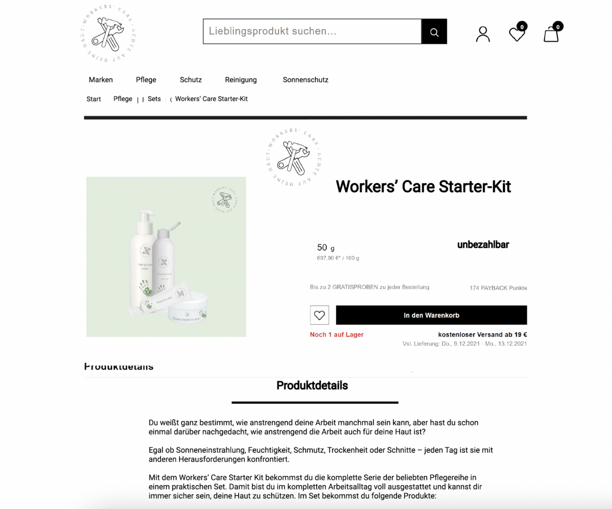 Auf dem Bild ist ein Screenshot einer Webseite zu sehen, die Werkzeuge und Pflege-Produkte vertreibt. Ausgewählt wurde ein "Workers' Care Starter-Kit", das als "unbezahlbar" kategorisiert wurde.