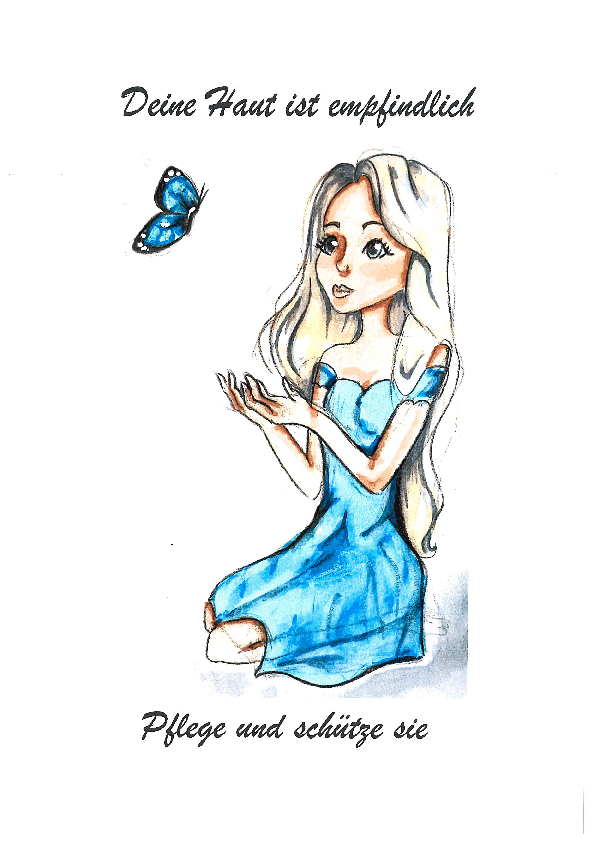 Comiczeichnung einer Frau mit Schmetterling mit Überschrift "Deine Haut ist empfindlich"