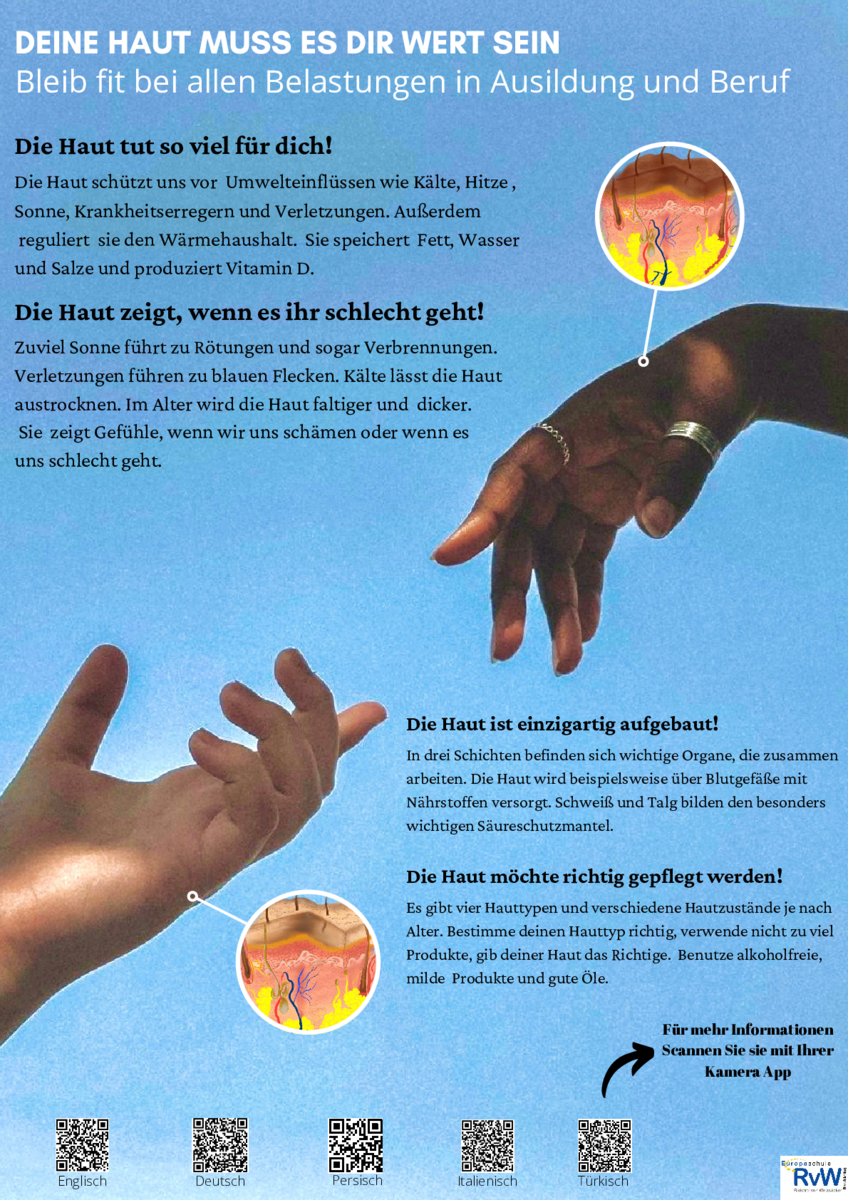 Plakat zum Thema Hautschutz mit Infotext, worauf zu achten ist